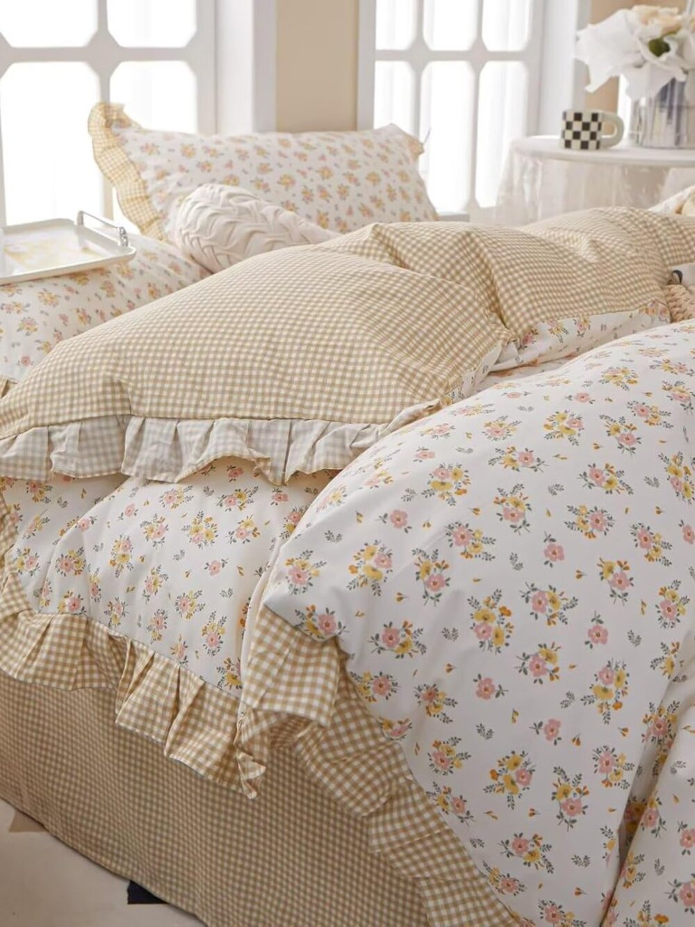 Full Size Pink & Yellow Floral Ruffled Comforter Set - 3 Piece Cottagecore Style